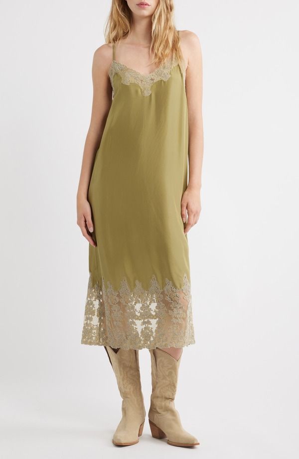 ザ・グレート レディース トップス ワンピース シルク レース THE GREAT The Legacy Lace Detail Silk Slipdress LIGHT OLIVE CREAM クリ