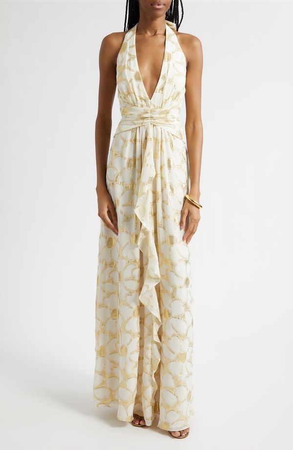 レイミー ブルック レディース トップス ワンピース プリントール ホルター Ramy Brook Stephanie Metallic Daisy Print Halter Gown IVORY J