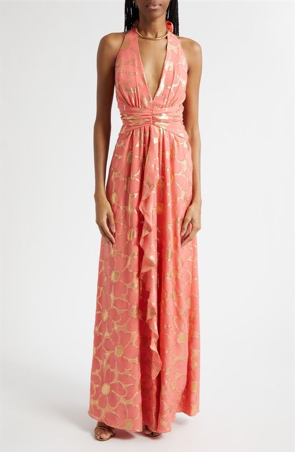 レイミー ブルック レディース トップス ワンピース プリントール ホルター Ramy Brook Stephanie Metallic Daisy Print Halter Gown CORAL J