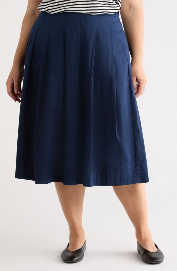 キャスロン レディース ボトムスカート プラスサイズ ミディ コットン Caslon Stretch Cotton Poplin Midi Skirt Plus NAVY STILL ネイビー
