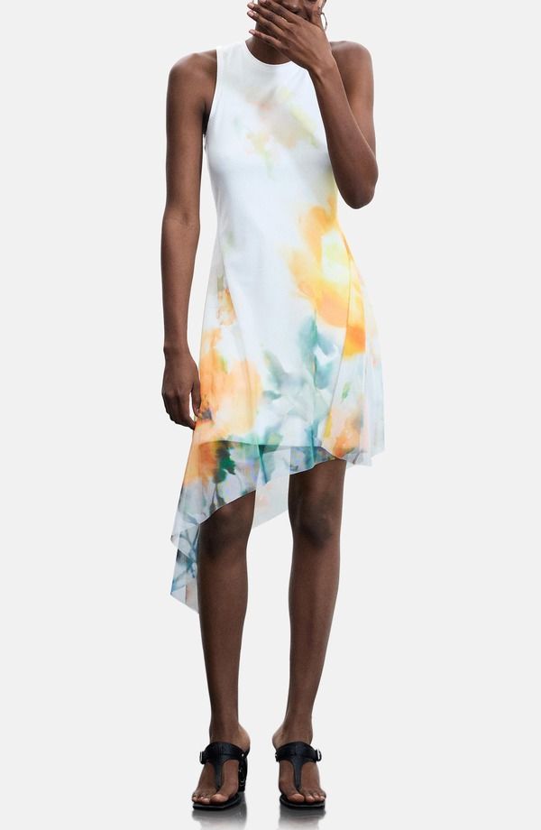 デジグアル レディース トップス ワンピース アシンメトリー フラワー柄 フラワー Desigual Abstract Floral Asymmetric Hem Dress WHITE ホワイト