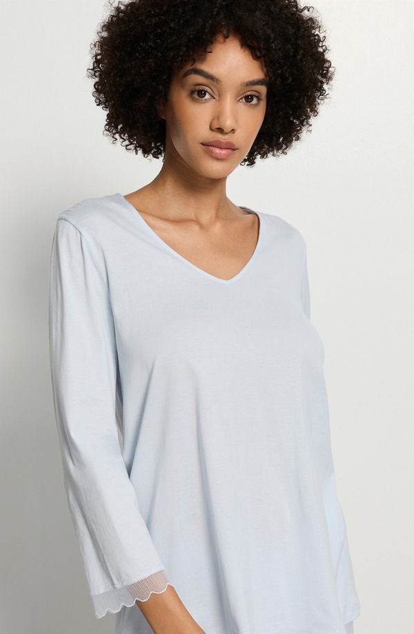 ハンロ レディース アンダーウェア ナイトウェア チュール コットン Hanro Inaya Tulle Trim Cotton Pajamas WATERY BLUE ブルー