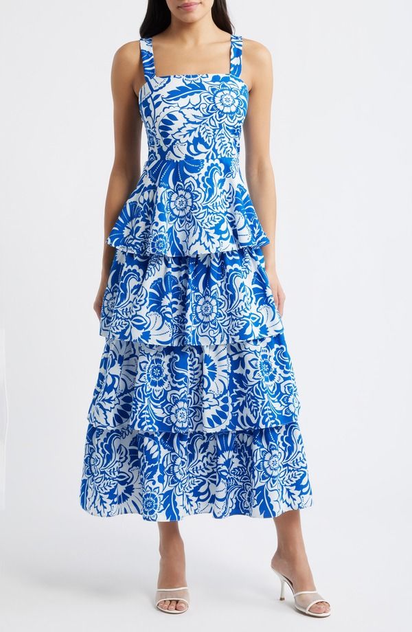 エリザジェイ レディース トップス ワンピース ティアード フラワー柄 マキシ フラワー Eliza J Floral Tie red Maxi Dress BLU IVORY アイボリー