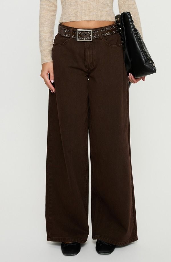 プリンセスポリー レディース ボトムス デニムパンツ ワイドレッグ ジーンズ Princess Polly Naylor Mid Rise Wide Leg Jeans BROWN ブラウン