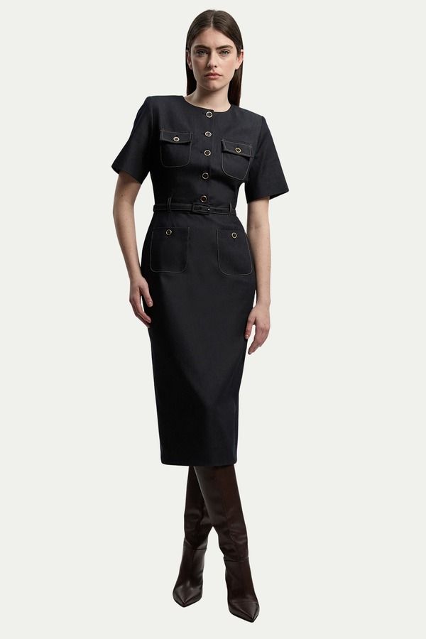 カレンミレン レディース ボトムス デニムパンツ ミディワンピース ミディ Karen Millen Tailoredenim Belted Midi Dress Indigo インディゴ