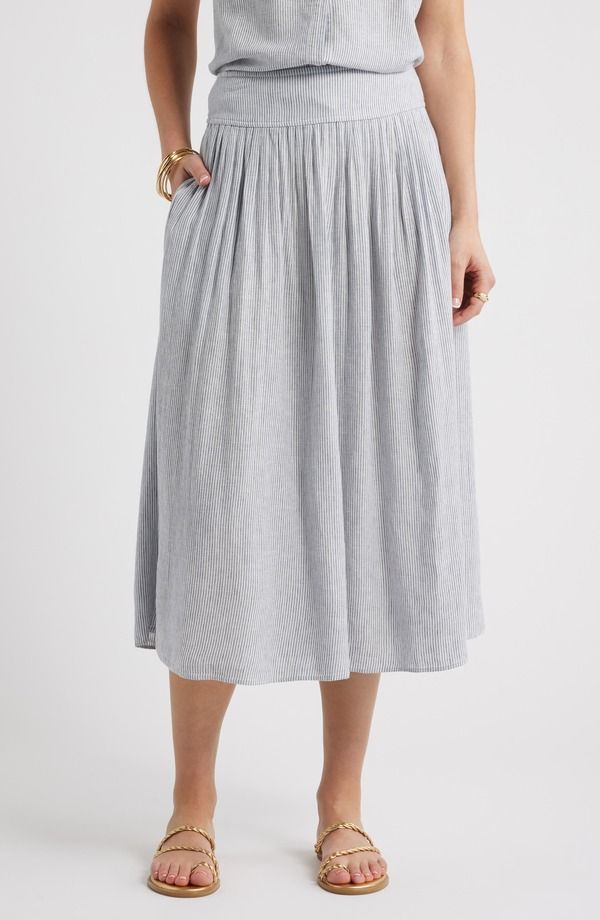 キャスロン レディース ボトムスカート ミディ リネン Caslon PullOn Linen Blend Midi Skirt BLUE VINTAGE LEAH STRIPE ブルー