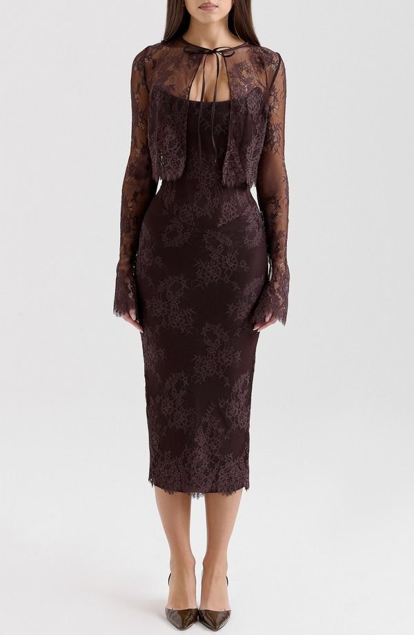 ハウスオブシービー レディース トップス ワンピース ミディ レース ジャケット HOUSE OF CB Larra Lace Tie Neck Long Sleeve Midi Dress Bole
