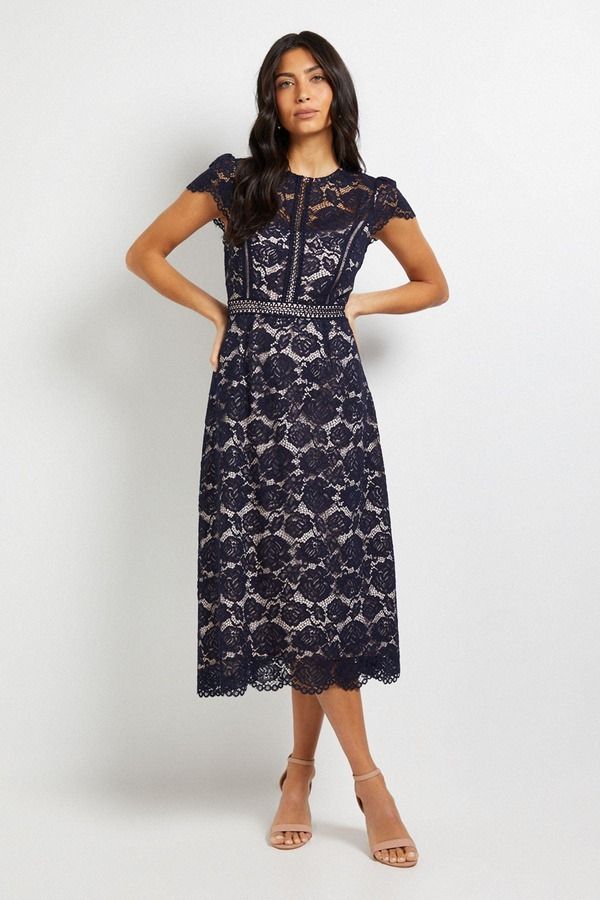 ウォリス レディース トップス ワンピース ミディ レース Wallis Lace Fit And Flare Midi Dress Navy ネイビー