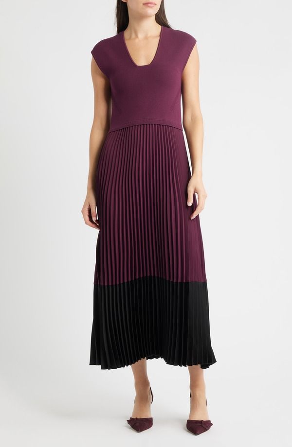 ボス レディース トップス ワンピース A ライン プリーツ BOSS Flissani Pleated Mixed MediaLine Dress DK PRPLE