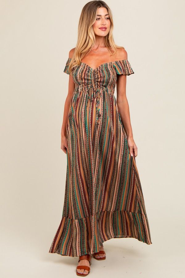 ピンクブラッシュ レディース トップス ワンピース マタニティ マキシ PinkBlush Off Shoulder Cinched Maxi Dress Maternity Multi マルチカラー