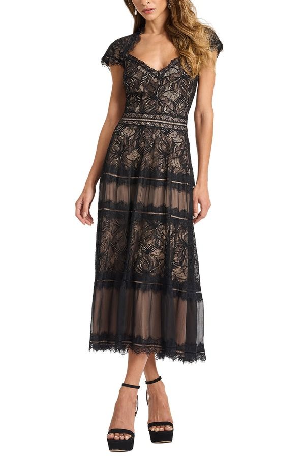 タダシショージ レディース トップス ワンピース Vネック ミディ レース Tadashi Shoji Lace VNeck Midi Dress BLACK NUDE ブラック