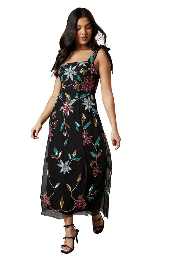 オアシス レディース トップス ワンピース フラワー柄 ミディ フラワー Oasis Floral Embellished Split Midi Dress Black ブラック