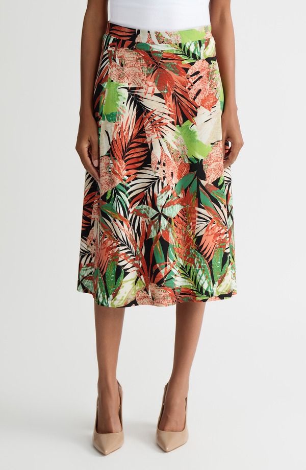 カスパール レディース ボトムスカート プリント ミディ KASPER Tropical Print PullOn Midi Skirt RED GREEN BLACK MULTI ブラック