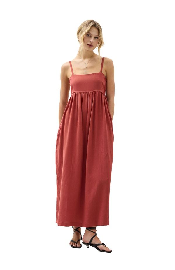 リッチャープアー レディース ボトムス カジュアルパンツ マキシワンピース リネン マキシ Richer Poorer The Linen Maxi Dress Marsala