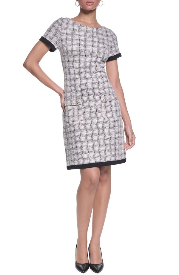 カール ラガーフェルド レディース トップス ワンピース ツイード KARLAGERFELD Windowpane Check Tweed Sheath DressOFT WHITE BLACK MU