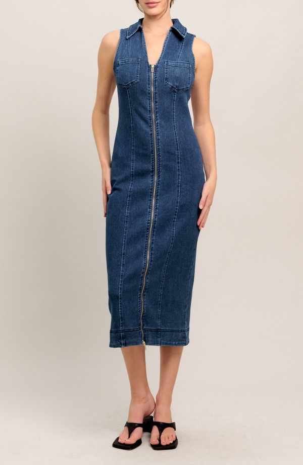 フライングトマト レディース トップス ワンピース ミディ ノースリーブ デニム FLYING TOMATO Sleeveless Denimidi Dress MEDIUM INDIGO インディゴ