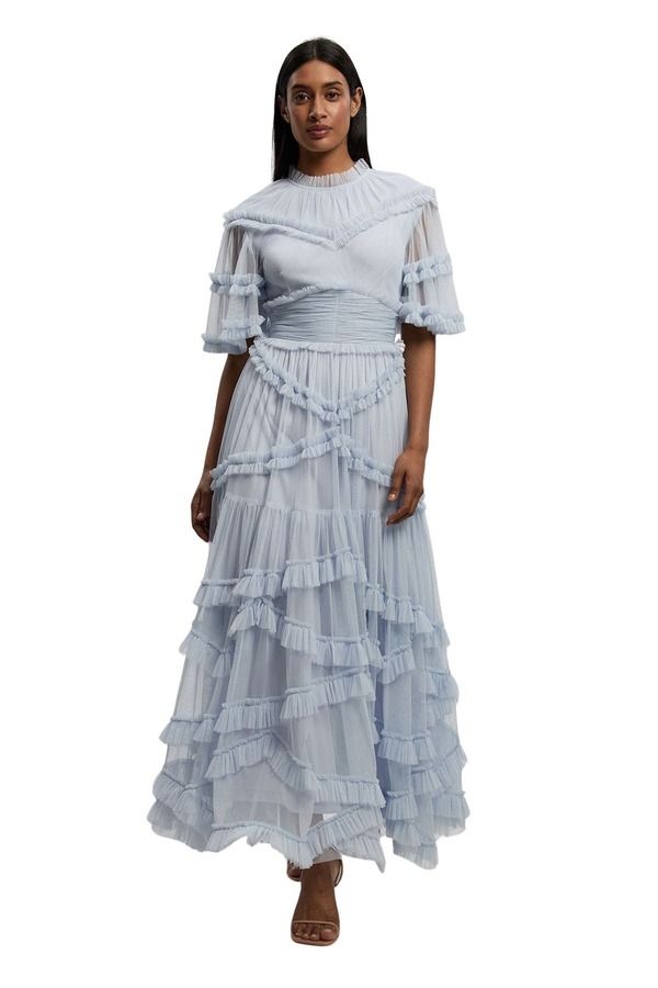 カレンミレン レディース トップス ワンピース チュール フリル マキシ Karen Millen Tulle Ruffle Detail Woven Maxi Dress Ice Blue ブルー