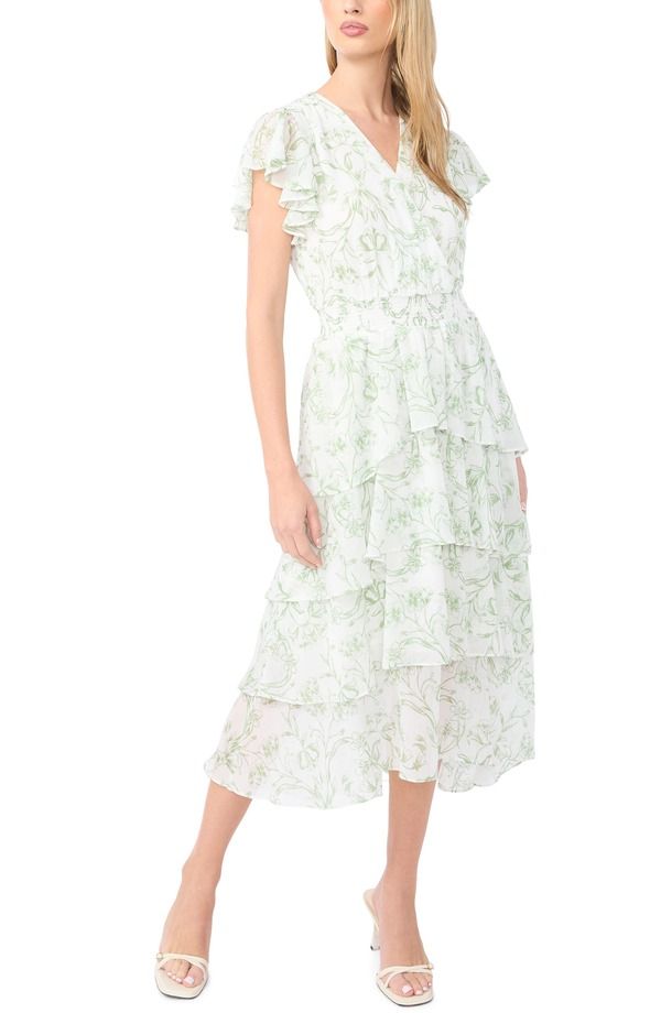 ハロゲン レディース トップス ワンピース プリント フリル マキシ Halogen Print Ruffle Maxi Dress ASPEN GREEN グリーン