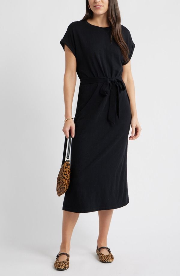 キャスロン レディース ボトムス カジュアルパンツ ミディワンピース ミディ Caslon Tie Waist Midi Dress BLACK ブラック
