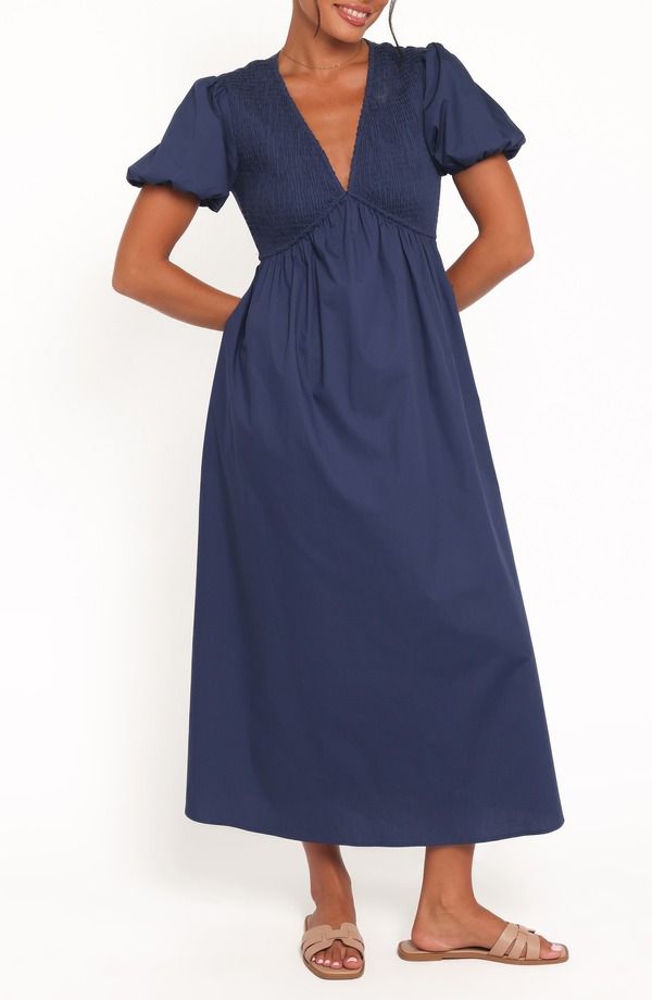 ペタルアンドパップ レディース ボトムス カジュアルパンツ マキシワンピース コットン マキシ Petal Pup Ilyana Puff Sleeve Cotton Maxi Dress NAVY