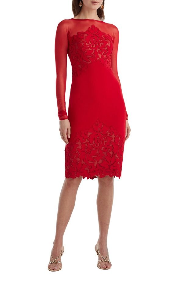 タダシショージ レディース トップス ワンピース メッシュ Tadashi Shojillusioneck Laser Cut Long Sleeve Mesh Cocktail Dress CHER
