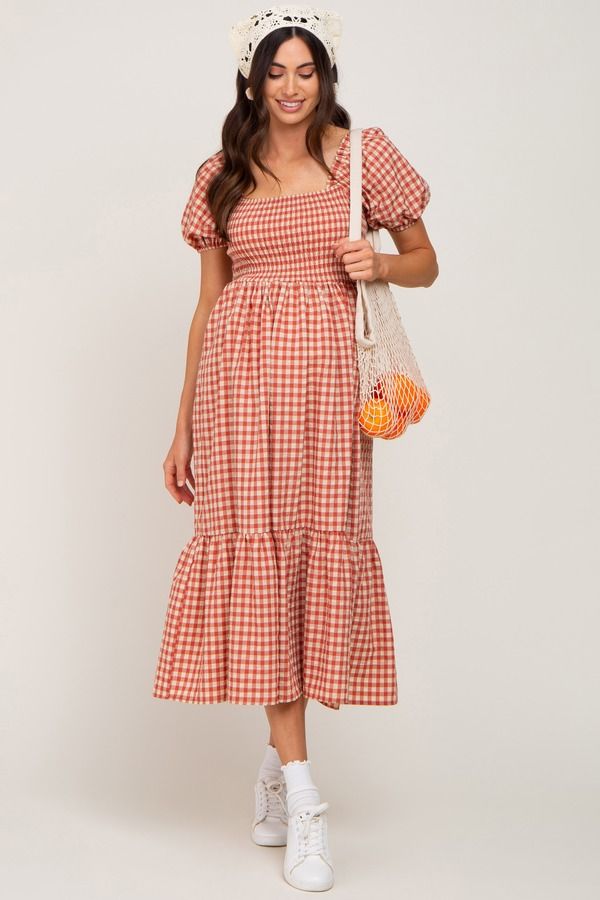 ピンクブラッシュ レディース トップス ワンピース ギンガムチェック ミディ シャーリング マタニティ ギンガム PinkBlush Gingham Smocked Midi Dress Matern