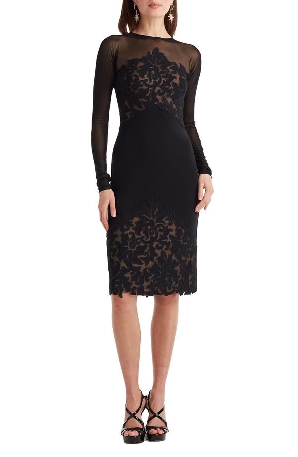 タダシショージ レディース トップス ワンピース メッシュ Tadashi Shojillusioneck Laser Cut Long Sleeve Mesh Cocktail Dress BLAC