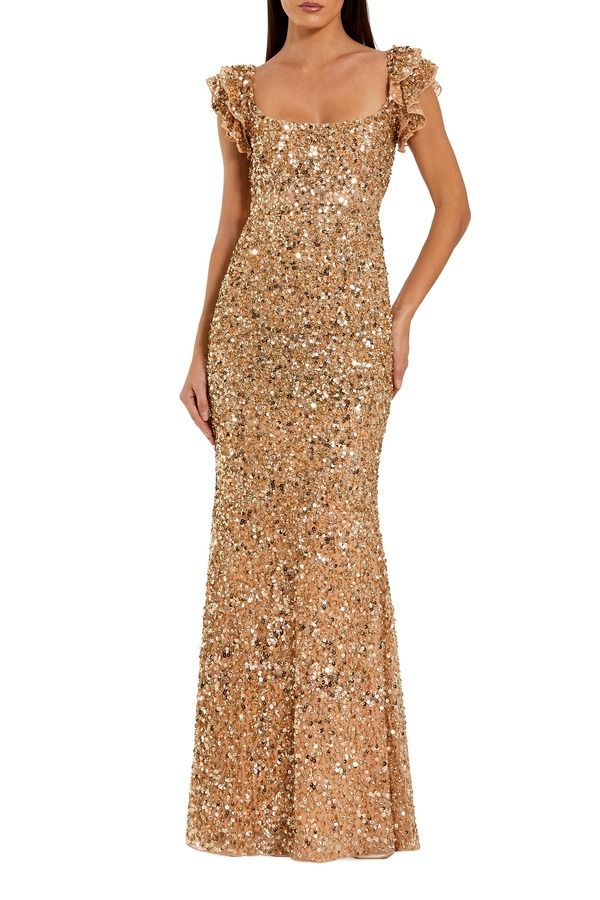 マックダガル レディース トップス ワンピース フリル メッシュ スパンコール Mac Duggal Sequin Mesh Ruffle Sleeve Trumpet Eveningown Gold