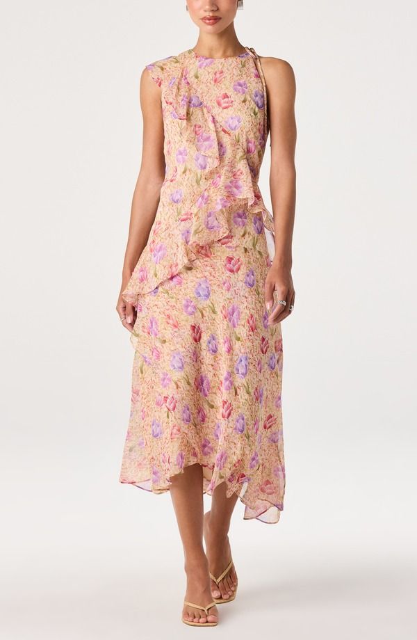 アストール レディース トップス ワンピース フリル ミディ ASTR the Label Angel Ruffle Midi Dress PEACH MULTI FLORAL ピーチ