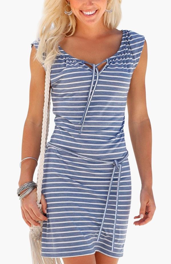 ラスカーナ レディース トップス ワンピース LASCANA Tie Neckline Dress Blue White ホワイト