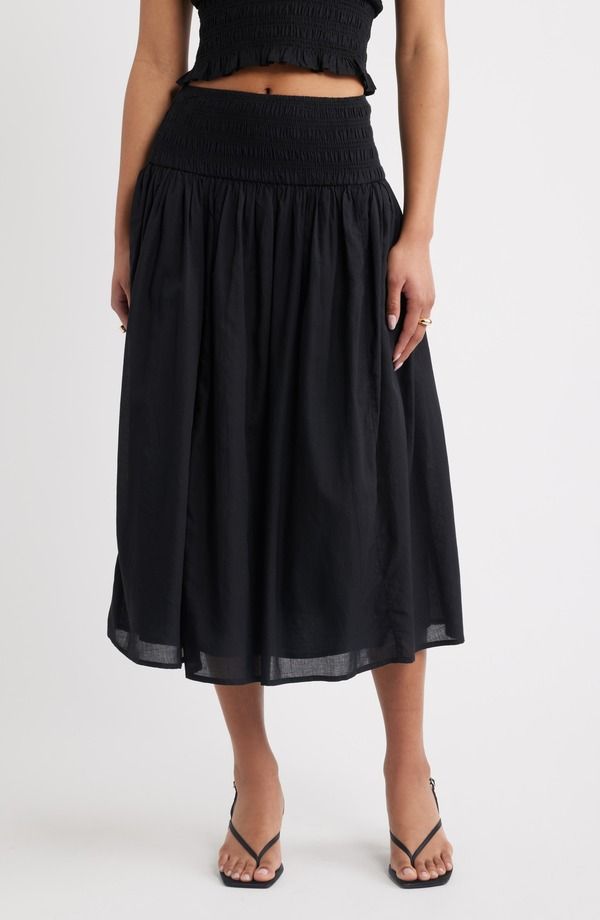 オープンエディット レディース ボトムスカート ミディ Open Edit Smock Waist Midi Skirt BLACK ブラック