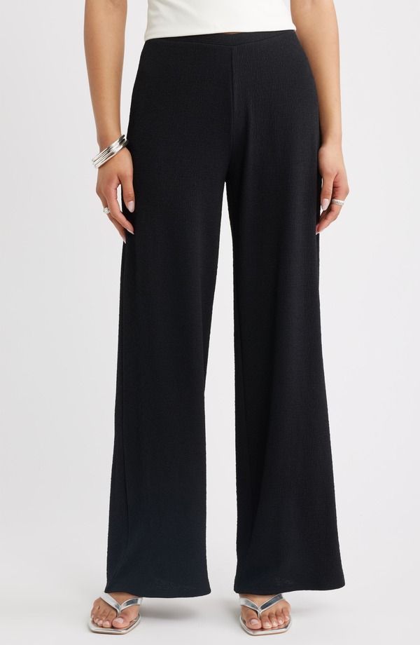 オープンエディット レディース ボトムス レギンス ワイドレッグ クレープ パンツ Open Edit Pucke red Crepe Wide Leg Pants BLACK ブラック