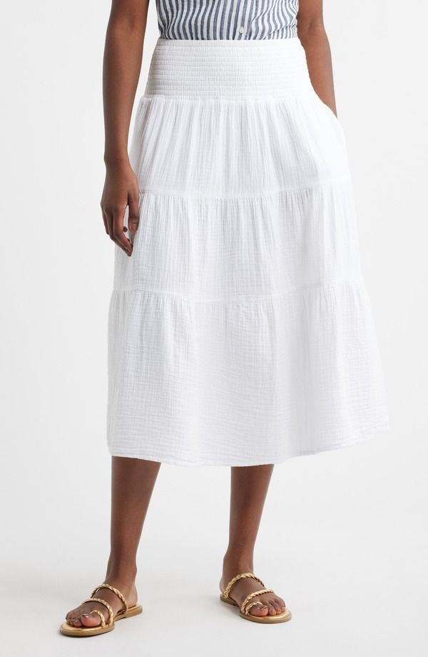 キャスロン レディース ボトムスカート ティアード ミディ コットン Caslon Tie red Cotton Gauze Midi Skirt WHITE ホワイト