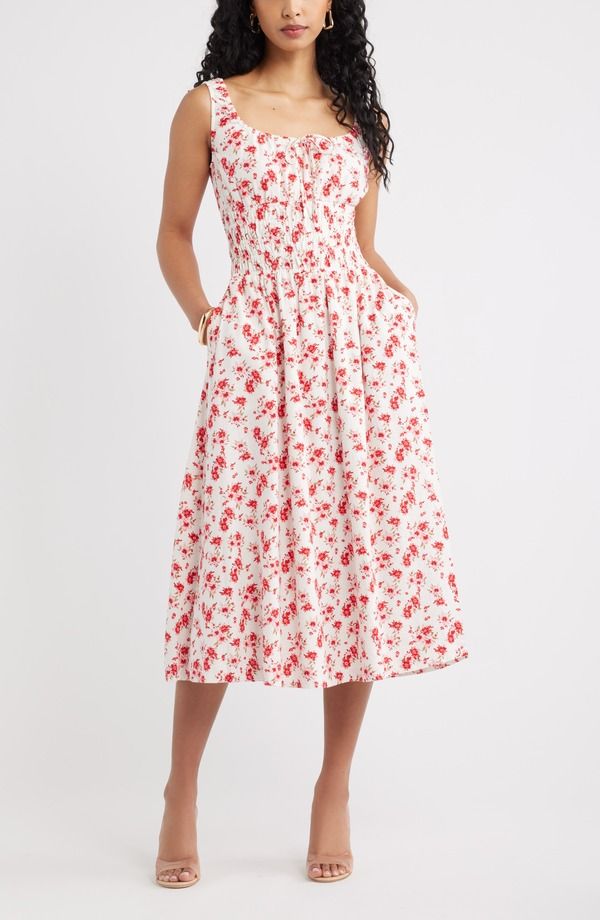 オープンエディット レディース トップス ワンピース ミディ シャーリング Open Edit Smocked Waist Midi Dress IVORY PINK SOFT HIBISCUS アイ