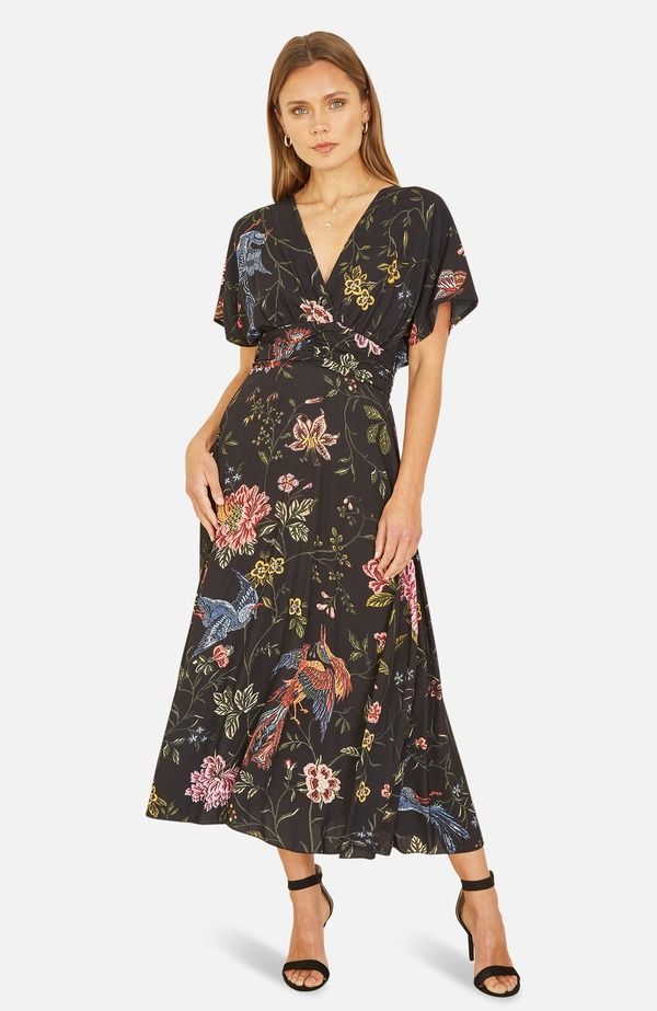 ユミキム レディース トップス ワンピース Vネック ギャザー ミディ Yumi Short Sleeve VNeck Ruched Midi Dress Black ブラック