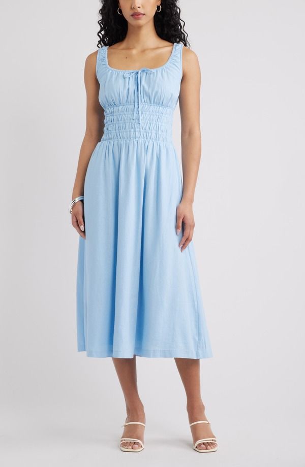 オープンエディット レディース トップス ワンピース ミディ シャーリング Open Edit Smocked Waist Midi Dress BLUE CERULEAN ブルー