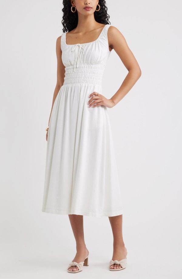 オープンエディット レディース トップス ワンピース ミディ シャーリング Open Edit Smocked Waist Midi Dress WHITE ホワイト 23,616円