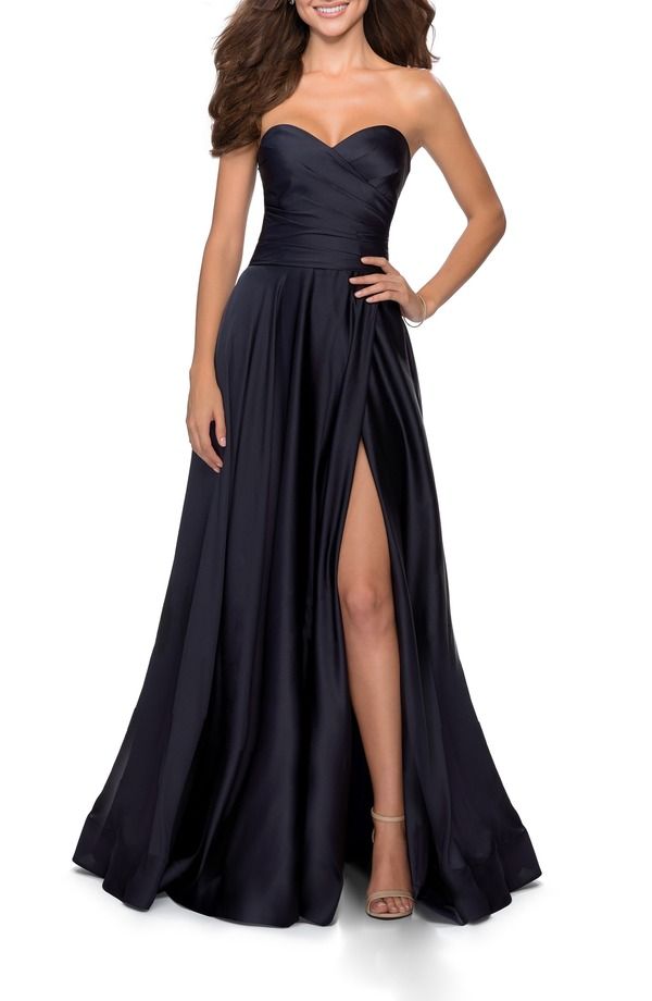 ラフェム レディース トップス ワンピース プリーツ サテン ストラップレス La Femme Straplessatin Gown with Pleated Bodice and Slit NAVY