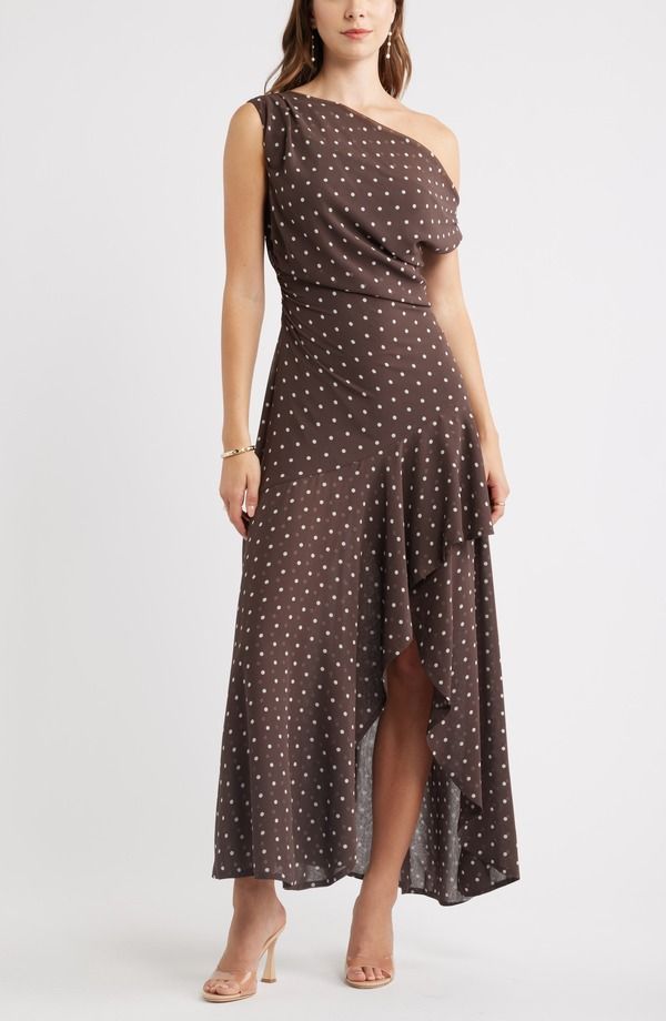 チェルシー 28 レディース トップス ワンピース Chelsea28 Cascading Off the Shoulder Evening Dress BROWN IVORY CORNER DOT