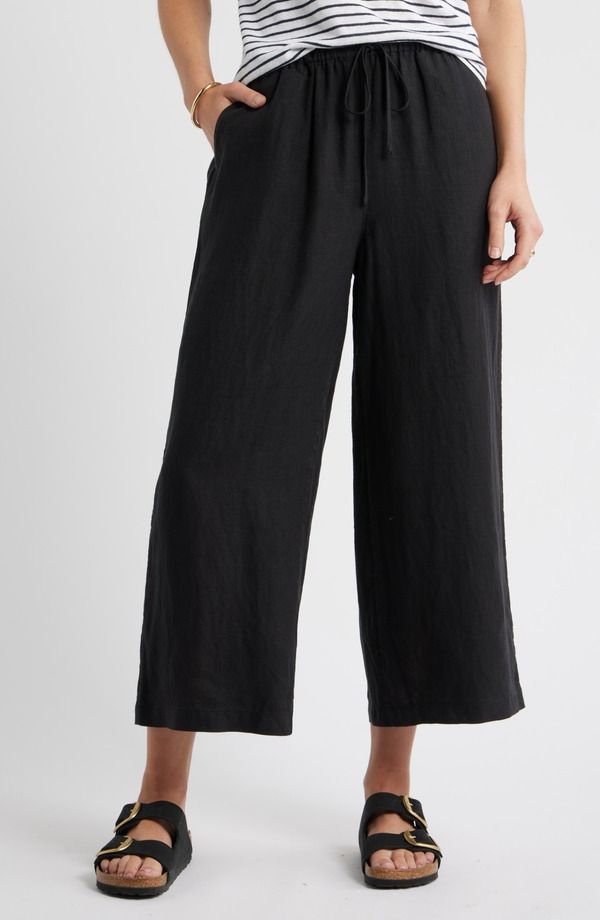 キャスロン レディース ボトムス カジュアルパンツ ワイドレッグ リネン Caslon Linen Wide Leg Cropants BLACK ブラック