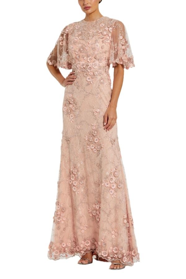 マックダガル レディース トップス ワンピース フラワー柄 フラワー Mac Duggal Womens Flutter Sleeve Floral Emboride red Net Gown Ros