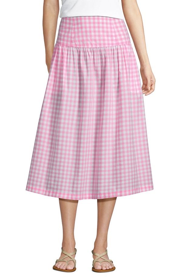 ランズエンド レディース ボトムスカート プチ ミディ Lands End Poplin Drop Waist Midi Skirt Petite Regular Seaside Pink Gingh