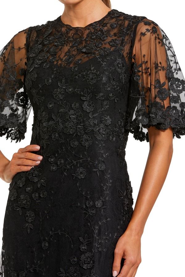 マックダガル レディース トップス ワンピース フラワー柄 フラワー Mac Duggal Womens Flutter Sleeve Floral Emboride red Net Gown Bla