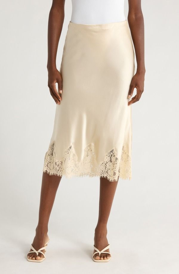 リフォーメーション レディース ボトムスカート レーストリム ミディ シルク レース Reformation Carolina Lace Trim Silk Midi Skirt ALMOND