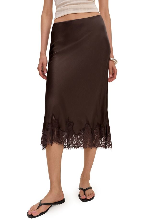 リフォーメーション レディース ボトムスカート レーストリム ミディ シルク レース Reformation Carolina Lace Trim Silk Midi Skirt BLACK BEAN