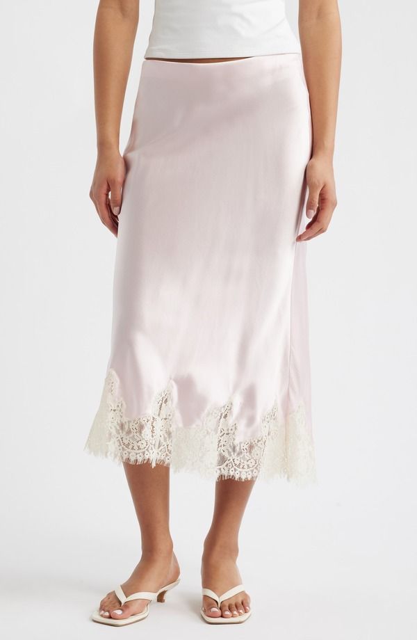 リフォーメーション レディース ボトムスカート レーストリム ミディ シルク レース Reformation Carolina Lace Trim Silk Midi Skirt CHERRY BLO