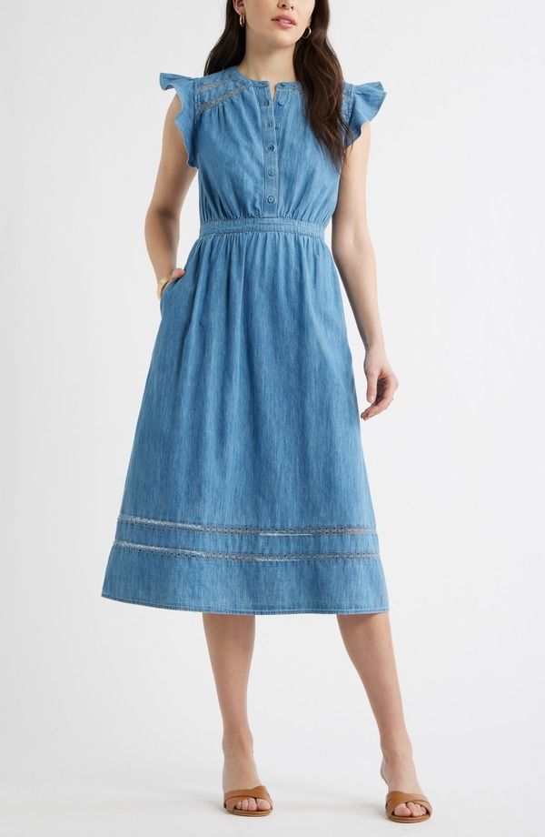 キャスロン レディース トップス ワンピース Caslon Flutter Sleeve Chambray Dress MEDIUM WASH