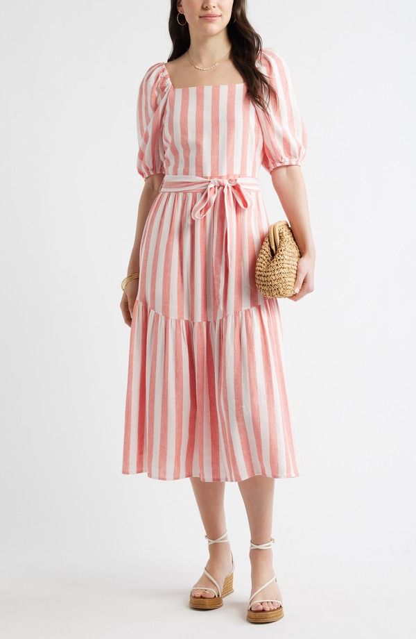 キャスロン レディース トップス ワンピース ティアード ミディ Caslon Stripe Puff Sleeve Tie red Midi Dress PINK CORAL CABANA STRI