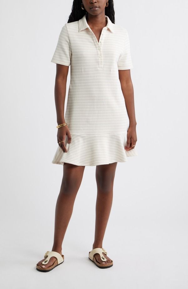 キャスロン レディース トップス ワンピース ポロシャツ Caslon Henley Short Sleeve Polo Dress BEIGE SHELL IVORY STRIPE アイボリー