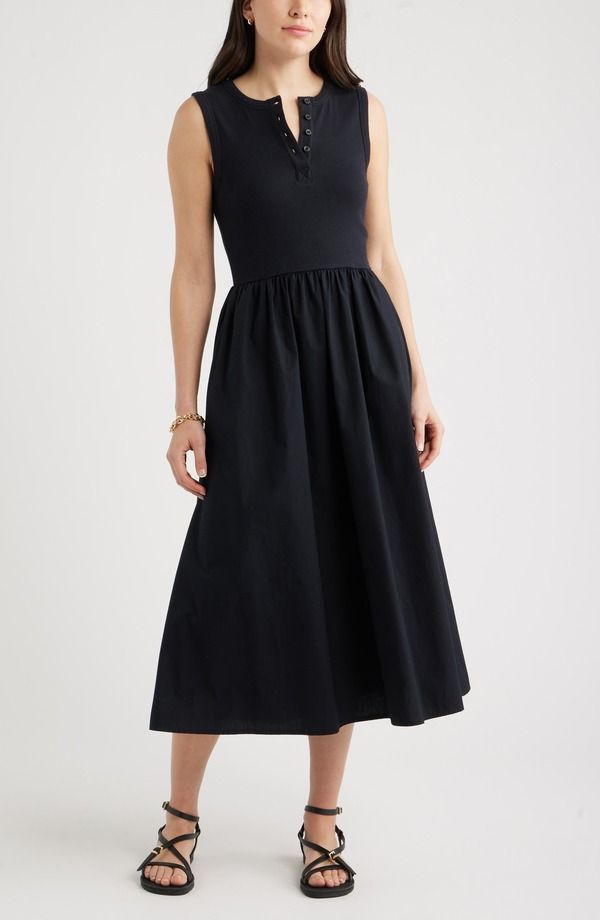 キャスロン レディース ボトムス カジュアルパンツ ミディワンピース ミディ ノースリーブ Caslon Sleeveless Mixed Media Midi Dress BLACK ブラック